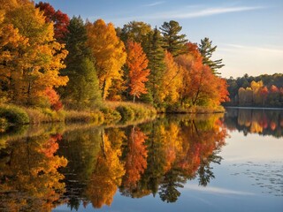 Autumn Reflections: Crisp Fall Trees Mirrored in Still Water - High-Resolution Stock Photo