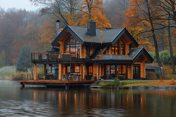 Obraz premium A wood-paneled home with large windows sits on a reflective pond,