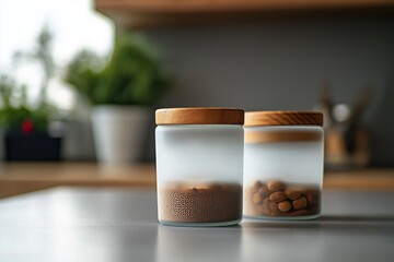 Minimalist spice storage jars with frosted glass bodies and natural wood lids, sitting on a monochrome kitchen countertop.