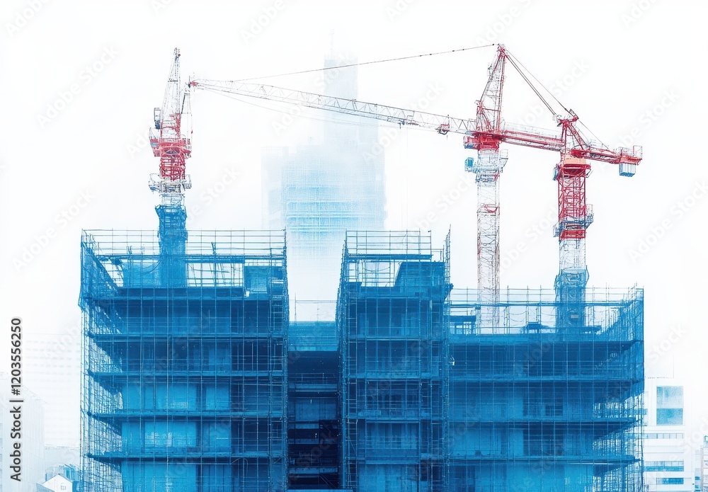 Poster modern construction site featuring tower cranes amidst fog with steel framework and scaffolding repr