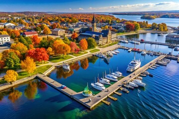Autumnal Brockville: Drone View of Empty Marina, City Hall & Downtown