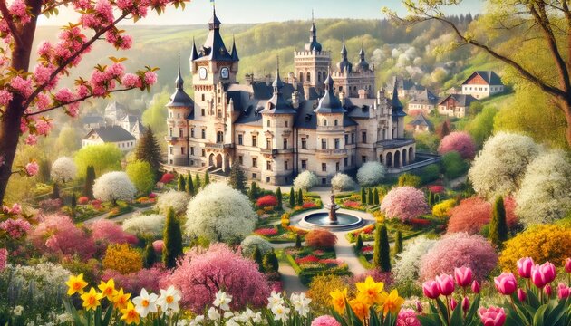 Beautiful ploskovice castle with blooming gardens in spring