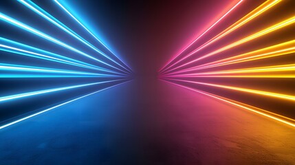 The image contains a dark background with bright blue and orange neon lights forming lines that converge in the center of the image.  The lines appear to be emanating from the sides of the image, cre