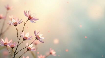 Delicate Pink Blossoms in Soft Sunlight, a Serene and Peaceful Natural Scene Featuring Gentle Movement and Blurred Background