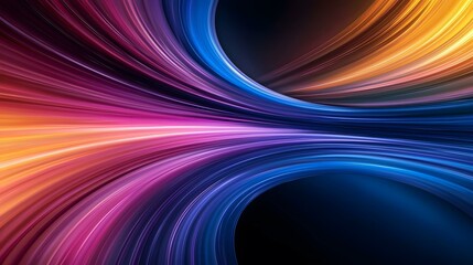 The image contains an abstract design featuring vibrant, flowing lines of color that curve and intersect, creating a sense of movement and depth.  The colors transition smoothly from warm oranges and