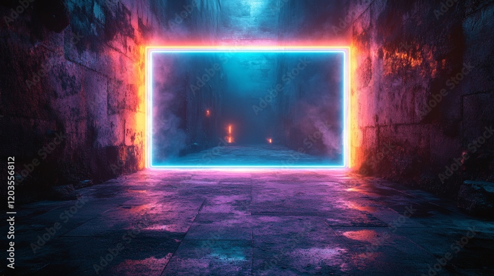 Poster neon cyan rectangular frame electric blue edges illuminating a dark textured concrete backdrop givin