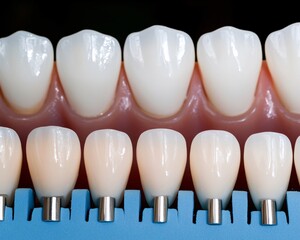 Dental Crowns and Bridge Model, Close-up of  Artificial Teeth on Gum Model