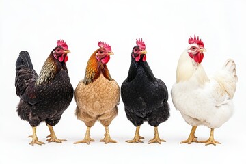 Fototapeta premium Four hens in a row, each a different color.