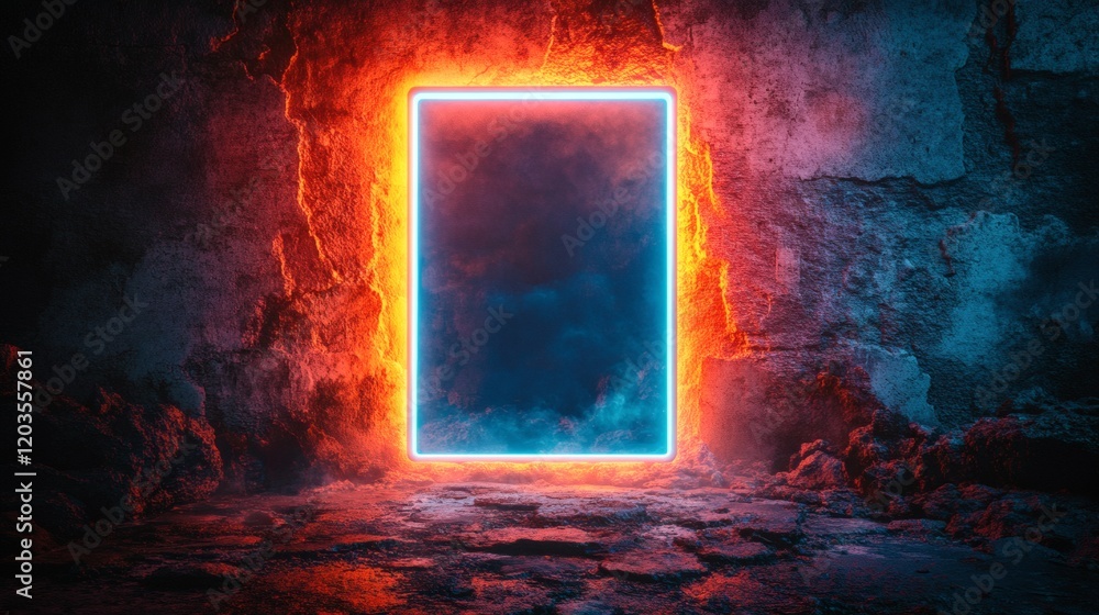 Poster neon cyan rectangular frame electric blue edges illuminating a dark textured concrete backdrop givin