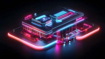 42. A futuristic data center illuminated with neon lights, conveying advanced and reliable hosting services