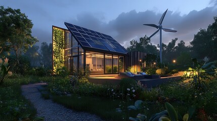 Obraz premium a modern eco-friendly house with solar panels on the roof, a small wind turbine in the yard, and lush plants all around. 