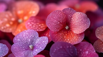 A delicate macro photograph capturing the enchanting beauty of hydrangea blossoms adorned with glistening droplets of water showcasing vibrant hues and soft textures