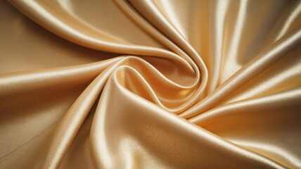 Luxurious golden satin fabric elegantly draped, showcasing smooth texture and a rich shimmer, perfect for fashion or decoration.