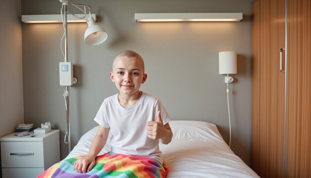 Brave 8-year-old boy with shaved head giving thumbs-up on colorful hospital bed - Powered by Adobe