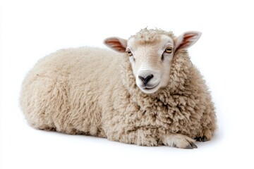 Fluffy sheep resting on white background