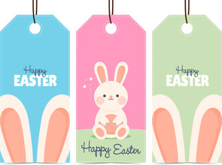 Happy Easter Tags. Cute Easter Bunny. Vector Illustration.
