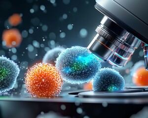 A close-up view of colorful microscopic organisms observed under a microscope, showcasing the intricate details of cellular structures.