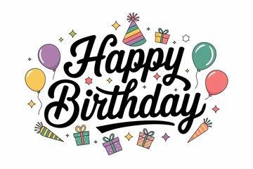 Elegant Happy Birthday design with colorful balloons and gifts