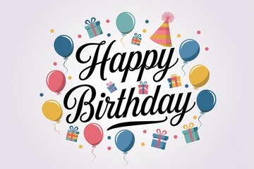Elegant Happy Birthday design with colorful balloons and gifts