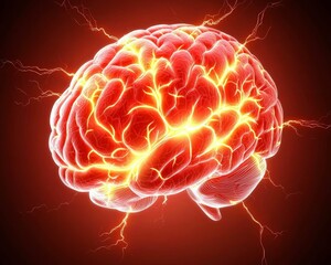 A vibrant, glowing brain with electric sparks, symbolizing energy, thought, and neural activity against a dark background.