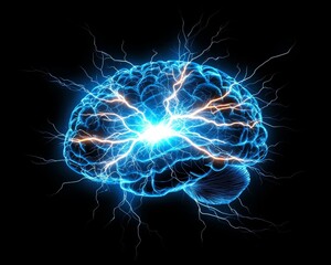 A glowing, electric-blue brain illustration symbolizing thought, energy, and cognitive processes against a dark background.