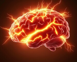 A glowing brain with electric sparks, symbolizing intelligence, energy, and neurological activity against a dark background.