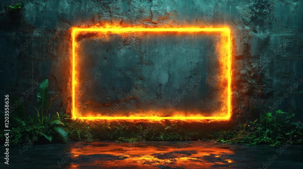 Aufkleber neon green rectangular frame a glowing yellow laser border illuminating a dark gritty concrete backd