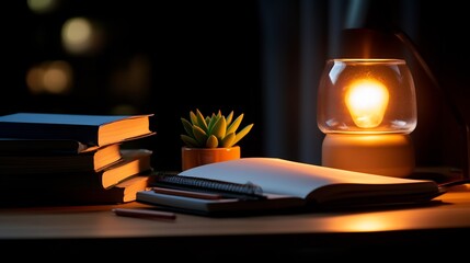 Night Study Session: Books, Notebook, and Warm Lamplight