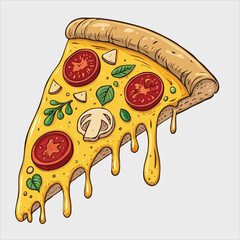 Cheesy Pizza Slice with Tomatoes, Mushrooms, and Basil Illustration