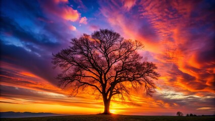 Obraz premium Bare Winter Tree Silhouette Against Vibrant Sunset Sky - Stunning Nature Photography