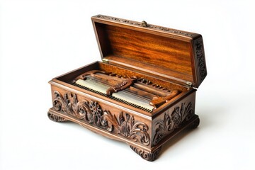 A vintage music box with intricate carvings, displayed beautifully against a white background.