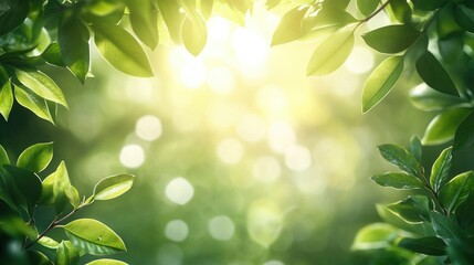  Vibrant spring banner template with bokeh effect, featuring blurred greenery and soft sunlight, vector illustration with text space for design, ideal for greeting cards, invitations, and artwork