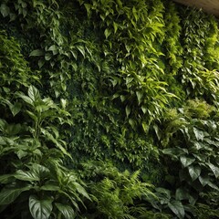 Natural green wallpaper featuring a lush, wide-angle plant wall with vibrant vertical garden foliage, bathed in warm, soft morning light.

