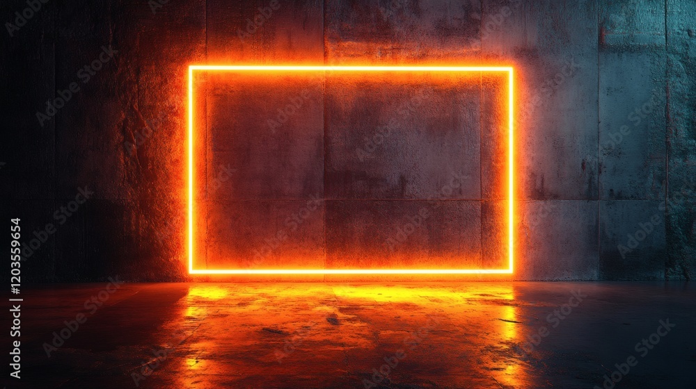 Poster neon orange rectangular frame radiating a warm glow set against a rough dark concrete background cre