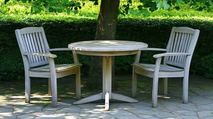 Serene Garden Patio Scene, Wooden Table and Chairs Under Tree