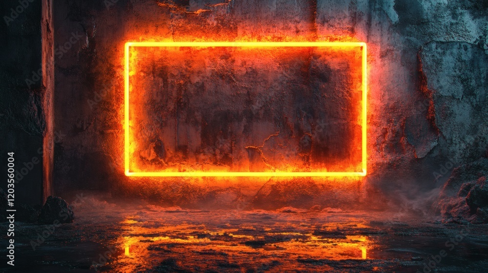 Poster neon orange rectangular frame radiating a warm glow set against a rough dark concrete background cre
