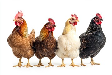 Fototapeta premium Four hens in a row, showing off their colorful feathers.