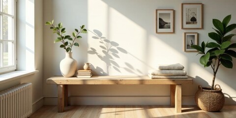 Sunlit Wooden Bench with Home Decor Accents and Natural Elements