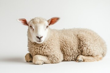 Fototapeta premium Adorable lamb resting on white background.