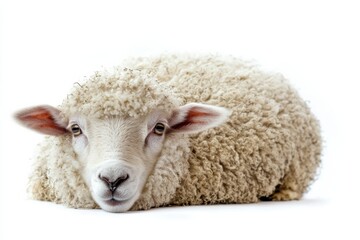 Naklejka premium Fluffy sheep resting on white background