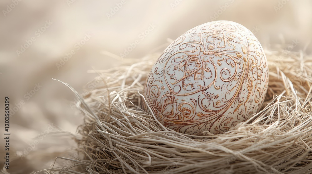 Poster a close-up of an intricately decorated easter egg resting in a nest of straw, with a soft background
