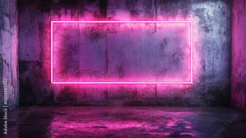 Aufkleber neon pink rectangular frame glowing against dark concrete background with the sleek effect of a purp
