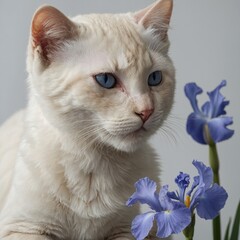 "A soft cream-colored kitten gazing thoughtfully at a single blue iris flower, the clean white background emphasizing its beauty."