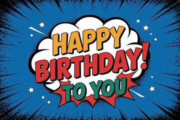 Comicstyle vibrant birthday greeting illustration with bold colors and stars