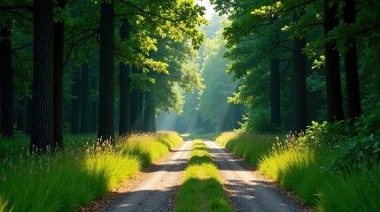 Fototapeta premium Sunlit Path Through a Verdant Forest Canopy, a Serene and Tranquil Nature Scene Ideal for Relaxation and Peaceful Contemplation
