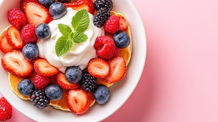 Obraz premium A close-up of bunny-shaped pancakes with fresh berries and whipped cream, set on a pastel-colored brunch table with clean copy space.