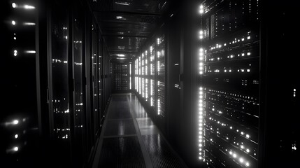 Fototapeta premium 53. A glowing server farm with smooth data flow between racks, symbolizing an efficient web hosting environment