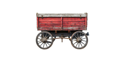 Vintage red wooden wagon with four metal wheels isolated on transparent background