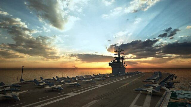 Aircraft Carrier Warship Battleship In The Ocean Navy, Sunset Time