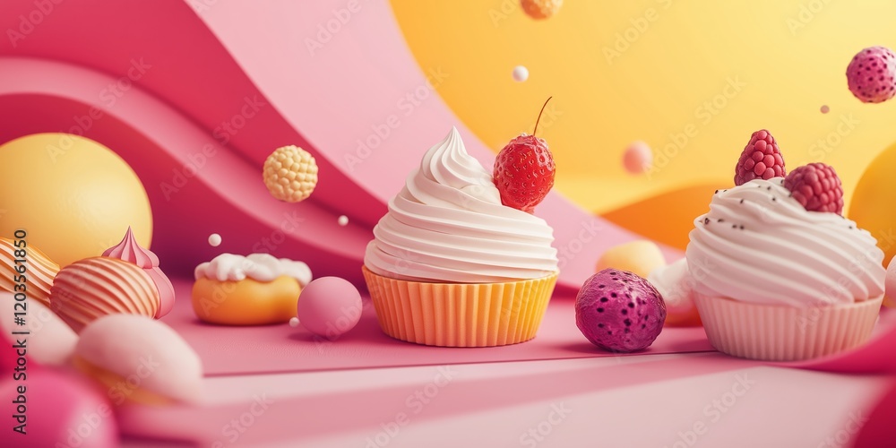 Poster abstract background with desserts and sweets and abstract shapes with precise geometry.